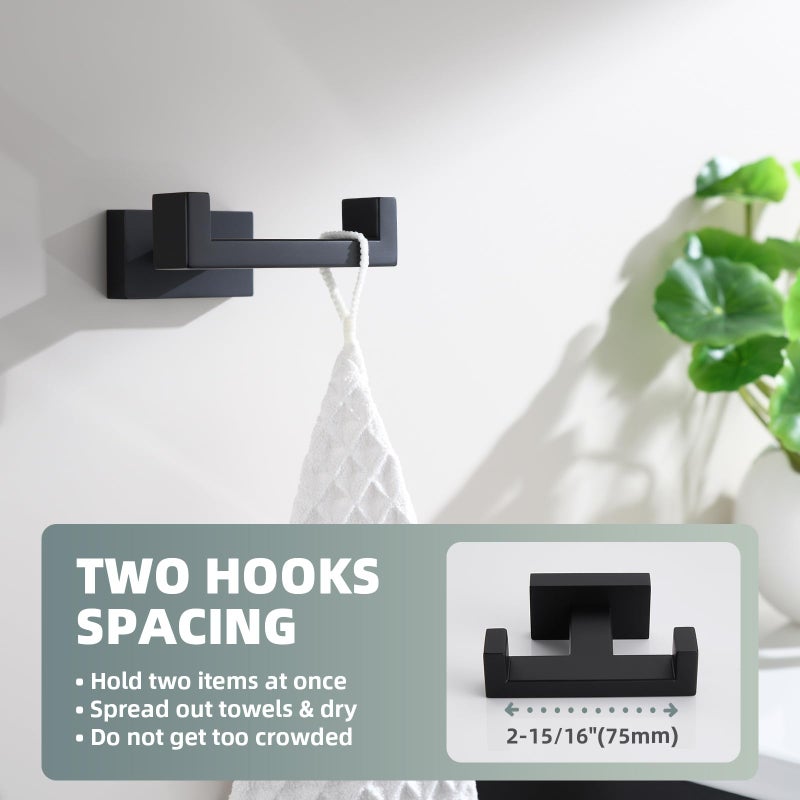 Suyar Double Towel Hook, SUS 304 Stainless Steel Coat Robe Hook for Bathroom, Hand Towel Holder, Matte Black - Image 4